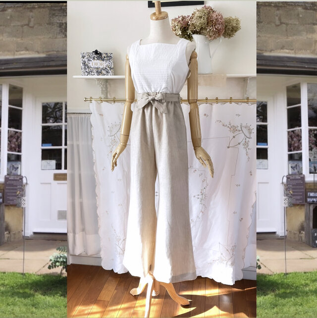 リネン・ガウチョパンツ『キレイ目・ハイウエスト・ベージュ・サイズフリー・ウエストゴム』