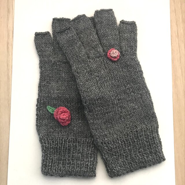 指先無し5本指手袋ーーーリングシリーズ、ダークグレー、ばら