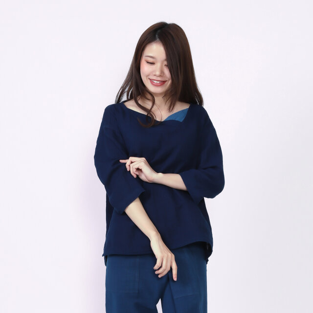 『Tomo』 Wガーゼ変わり襟の七分袖 インディゴ・プルオーバー M・L　春夏服