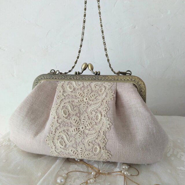 アンティークレース*エクリュリネン*がま口バッグ*１８