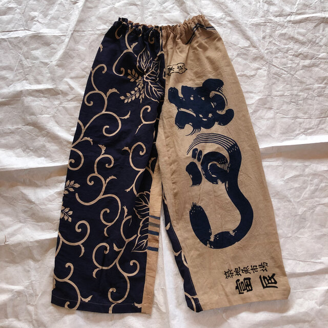 柿渋染め　手ぬぐいリメイク　ゆったりズボン　ワイドパンツ　魚河岸