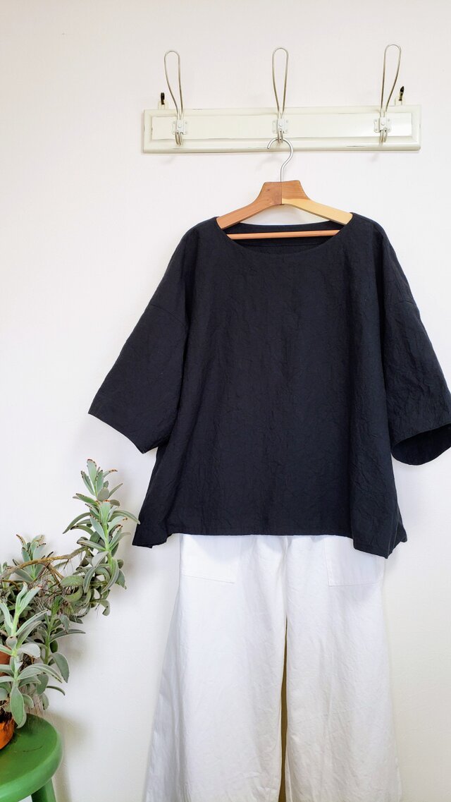 ハンドワッシャー　黒　6~7分袖　ラウンドネック(Vネック)プルオーバー　S～6L　大きいサイズもあります