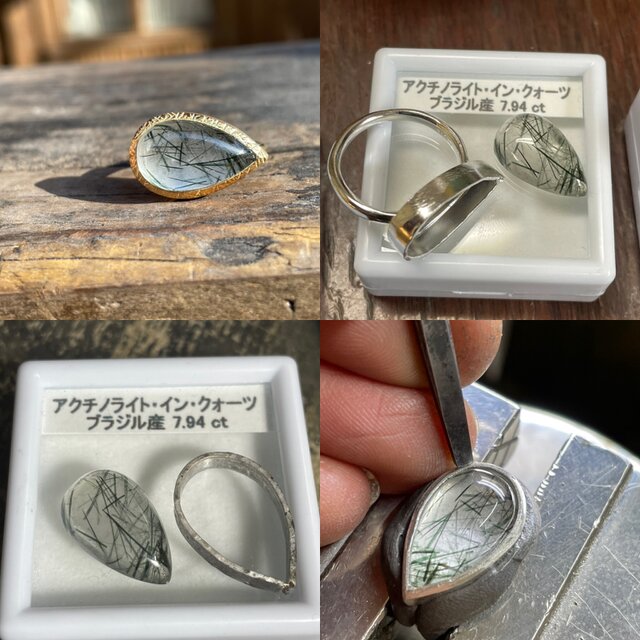 フローライトインクォーツ シルバーリング アクチノライト イン クォーツ グリーンルチルのしずく シルバー