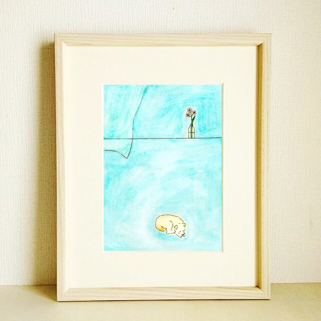 特集掲載＊犬の絵｜原画「春を告げる」※木製額縁入り（八つ切りサイズ）