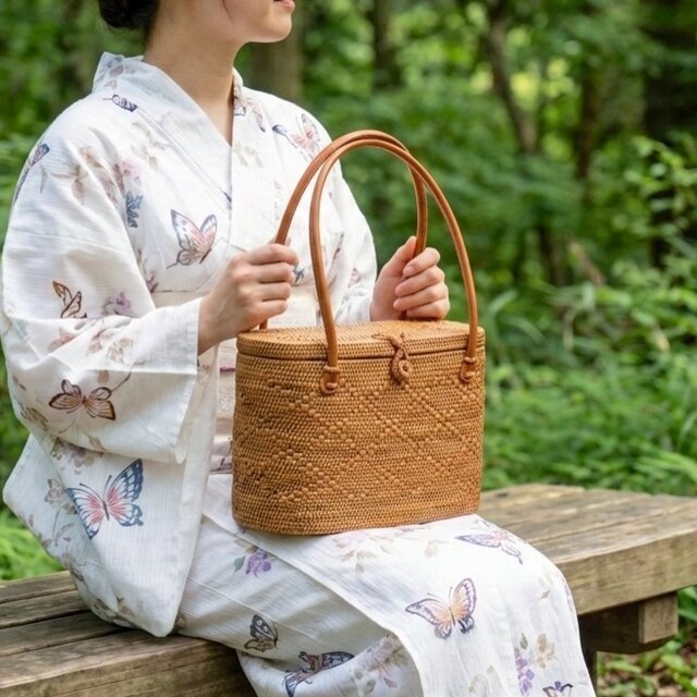 蓋付きで安心☆ナチュラルスタイルかごバッグ♪ バリ島 アタバッグ