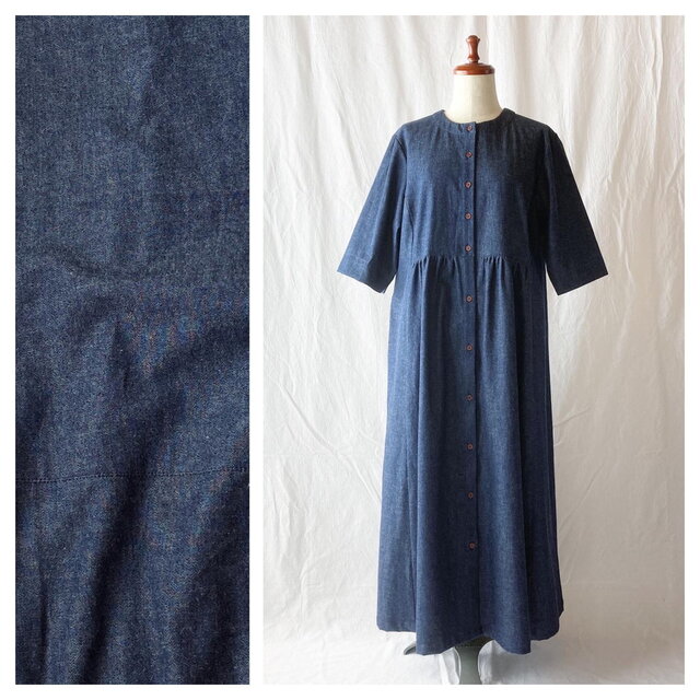 レディのためのクルドレイユワンピース（5分袖）：120cm丈（ライトオンスデニム：インディゴ）