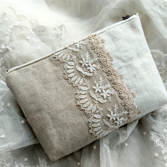 アンティークレース*リネン*ポーチ*a