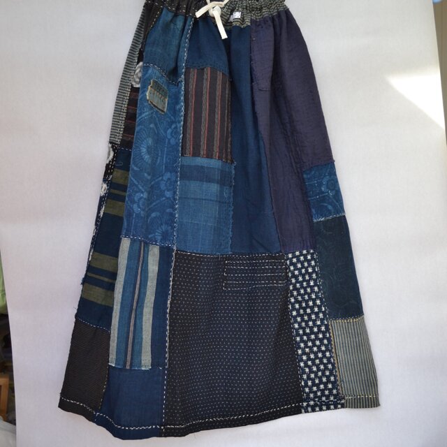 手織り 藍染木綿 刺し子 古布 襤褸  ハンドメイド スカート アンティーク