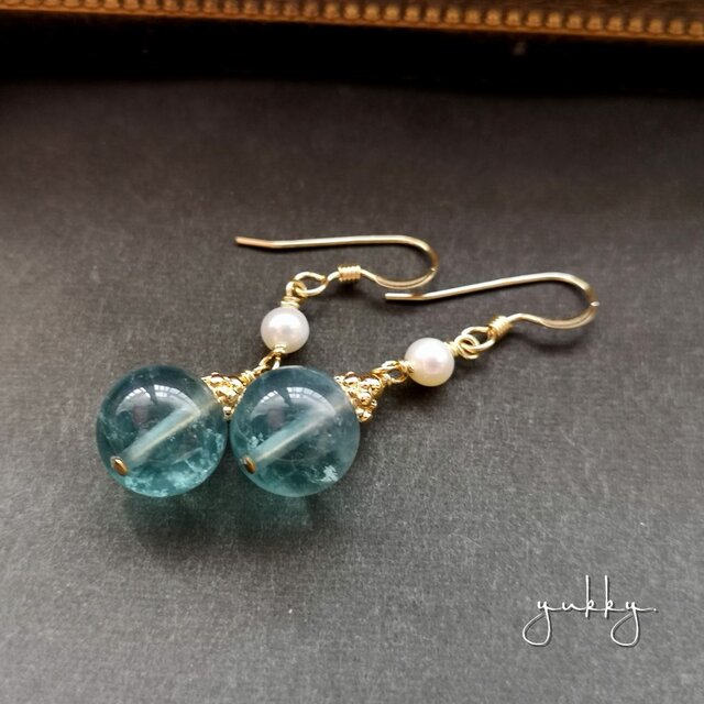 【1点物】宝石質ブルーグリーンフローライトAAA✽淡水パール✽ピアス/イヤリング