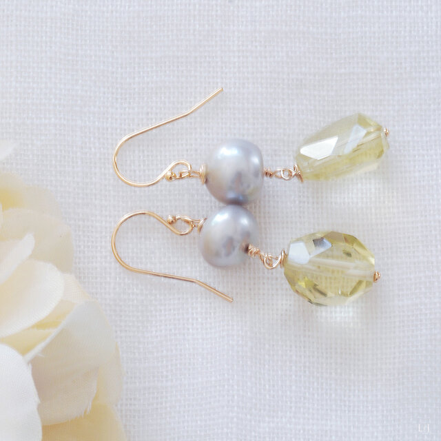 レモンクオーツとバロックパールのピアス Dolce96