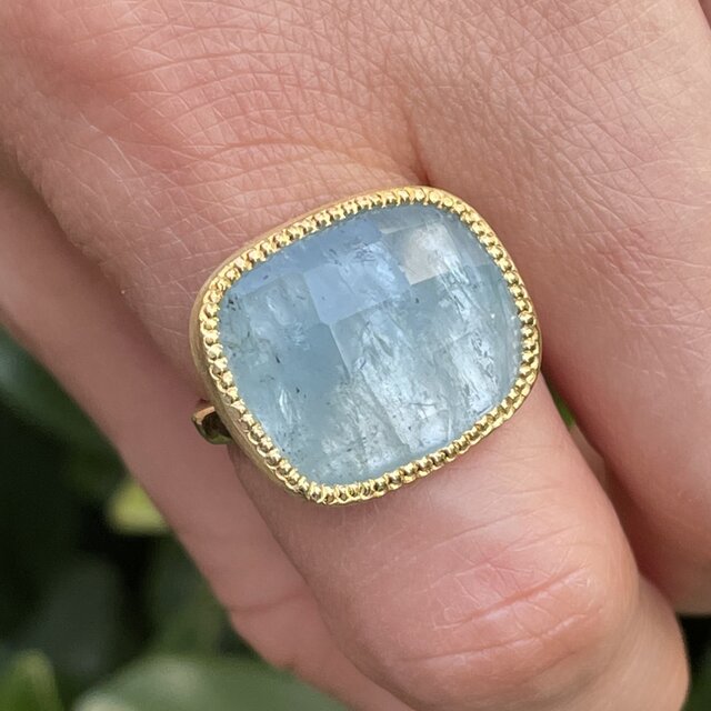 アクアマリン　大きめスクエア　チェックカット シルバーSV925リング