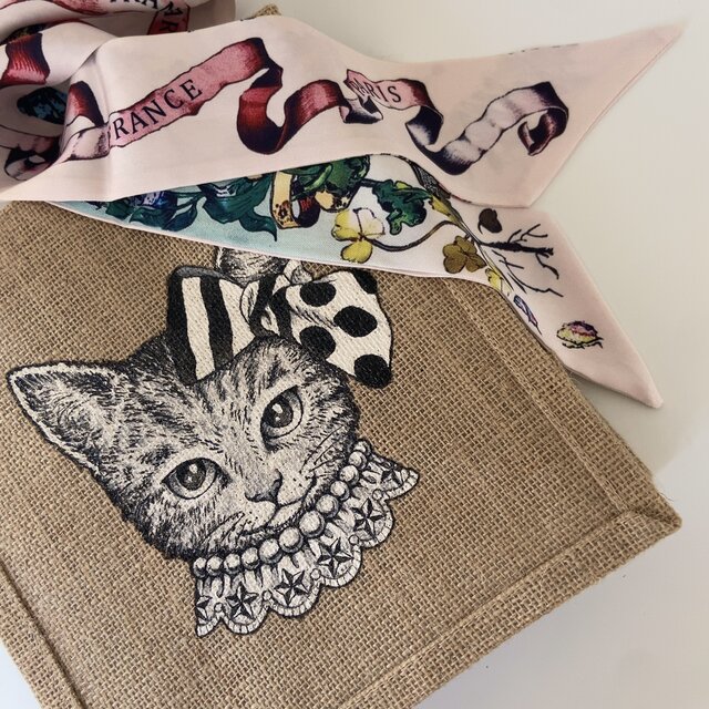 ビッグ割引 オリジナル 猫 蝶々 イラスト 手書き プリント ジュートバッグ スカーフ