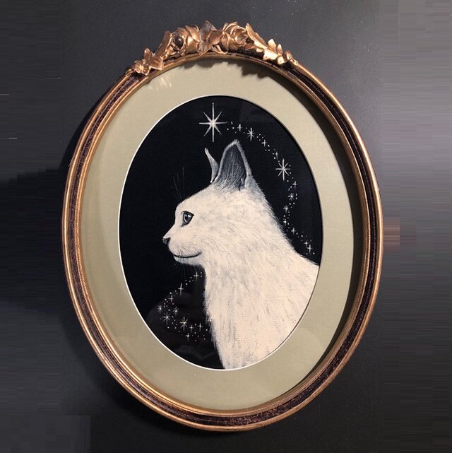 つながる額付きアート作品原画 白猫 猫 徳島洋子作品  星月猫 猫