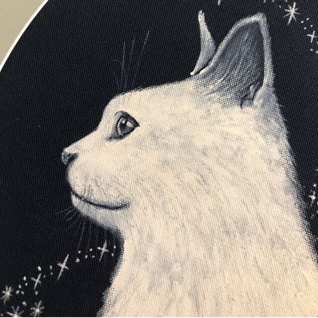 つながる額付きアート作品原画 白猫 猫 徳島洋子作品  星月猫 猫
