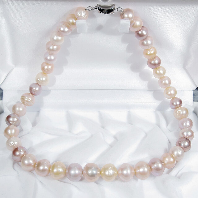 12.5-10.0mm本真珠（淡水）とSV925のネックレス（42.5cm、強い照り、ナチュラルカラー、マルチカラー）