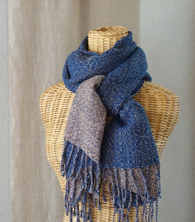 手織りコットンストール・・藍と柿渋