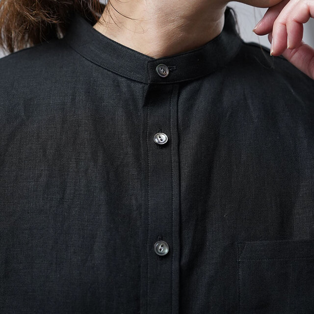 wafu】Linen Shirt スタンドカラー ロールアップシャツ / 黒 t021f ...