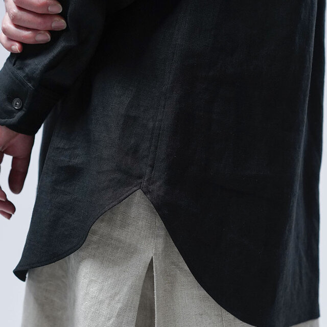 wafu】Linen Shirt スタンドカラー ロールアップシャツ / 黒 t021f ...