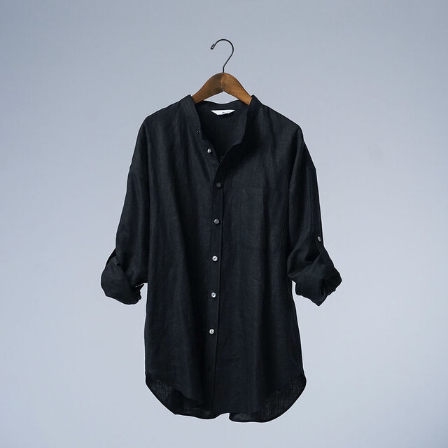 6,450円wafu リネン　スタンドカラーロールアップシャツ　ブラック