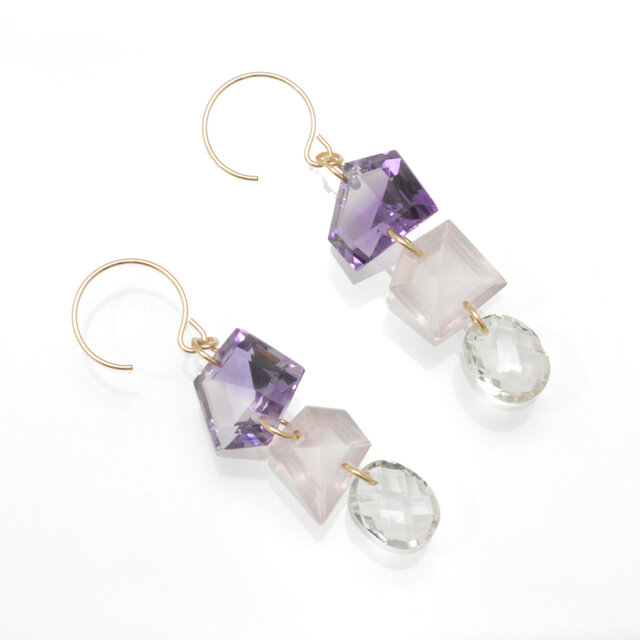 ✳︎イヤリング交換可✳︎天然石バイカラークォーツとローズクォーツ、グリーンクォーツのピアス14KGF/TWINKLE