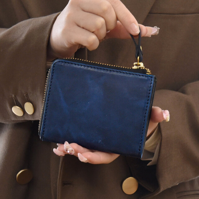 二つ折り財布 l字ファスナー 手に馴染む 本革 ミニ財布 小さい コンパクト 財布 ネイビー JAW029