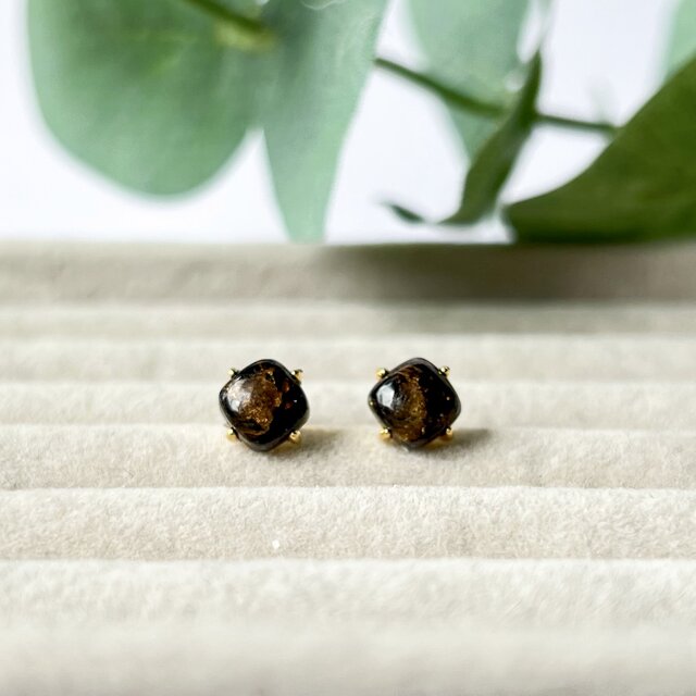 コッパーオブシディアン×ゴールド　シンプルスクエアピアス