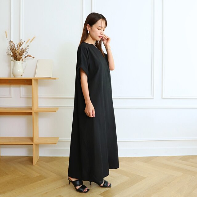 着丈調整可能】コットン キーネック ワンピース ブラック 0583BK
