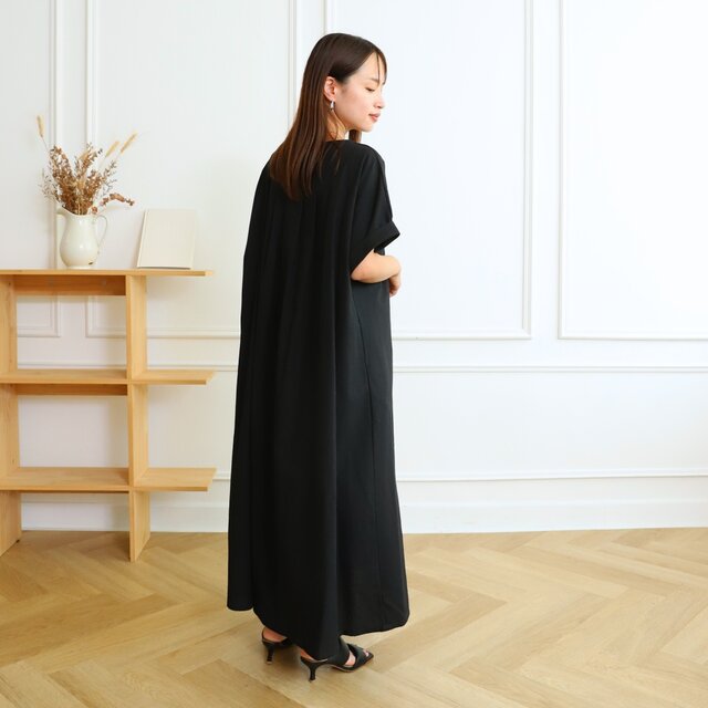 着丈調整可能】コットン キーネック ワンピース ブラック 0583BK
