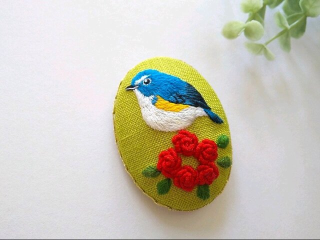 ハンドメイド ルリビタキ 野鳥 刺繍ブローチ - その他