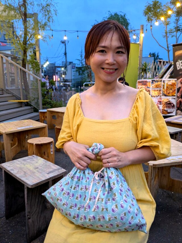 リバーシブルあずま袋 ペパーミントにむらさきのお花