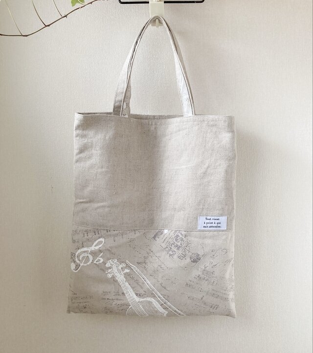 楽器と音符柄のコットンリネンフラットトートバッグ