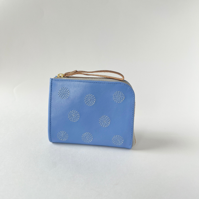 刺繍革財布『SHABON』はなだLightBlue×White（牛革）二つ折り☆ミニ財布☆