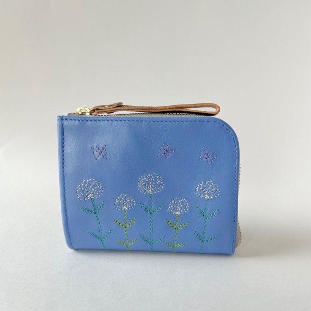 刺繍革財布『Summer Flowers』はなだLightBlue（牛革）二つ折り☆ミニ財布☆
