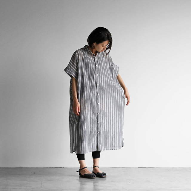 huis ゆるふわコットンショートスリーブロングシャツ(グレーストライプ)014-1000-05GRYSTの画像1枚目