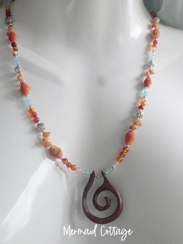 sv925* KORU Wooden Spiral Sunset Necklace コルのハワイアンサン