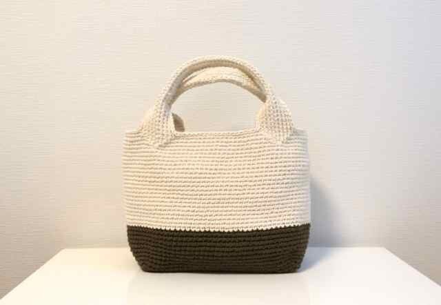 綿糸の四角いトート (KHAKI×WHITE)の画像1枚目
