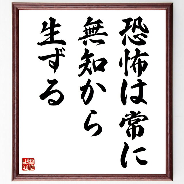 名言「恐怖は常に無知から生ずる」手書き書道色紙額／受注後の毛筆直筆（Z0799）