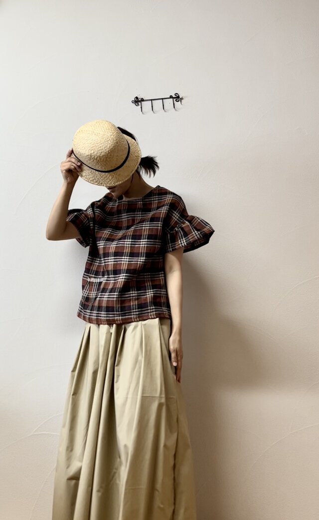 リネンチェック　フレアスリーブプルオーバー