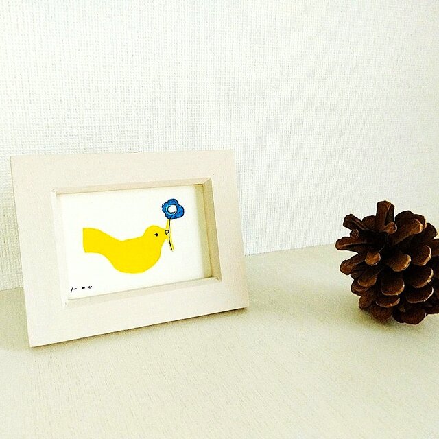 鳥のイラスト｜原画「花と鳥（黄）」 ※木製ミニ額縁入り　