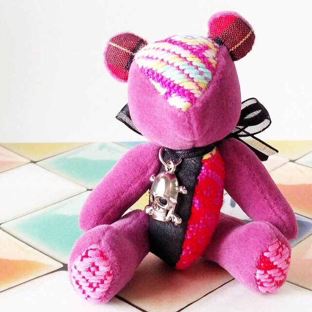 こぎん刺しのテディベアS 総刺しこぎんクマ　クラッシュピンク