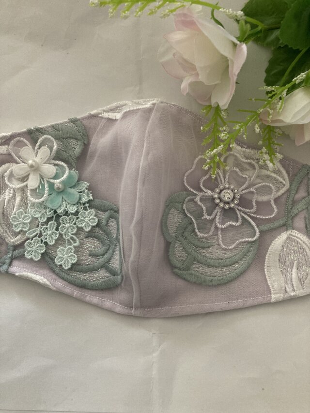 桜瑪瑙 ハンドメイドピスタチオチュールチューリップ刺繍レース花モチーフケミカルレースインナーマスク 立体マスクリネン Winetours Az