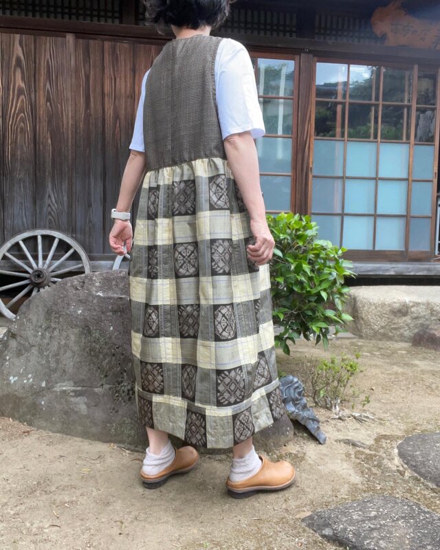 【着物リメイク】大島紬のジャンパースカート/ギャザー切り替え