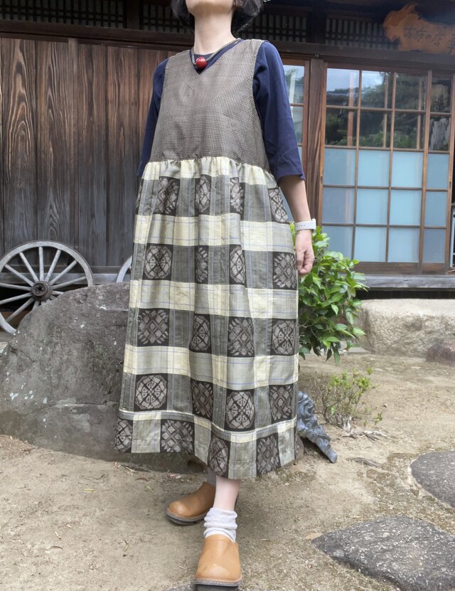 着物リメイク　絣、紬、古布　ジャンパースカートS~M　ハンドメイド