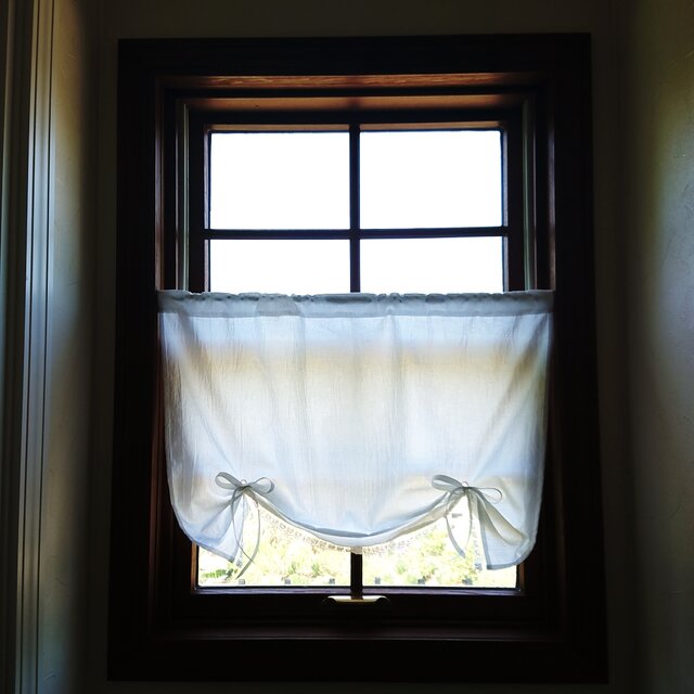 ホワイトコットン♪ハーフリボンアップカフェカーテン 64cm×49cm  レース