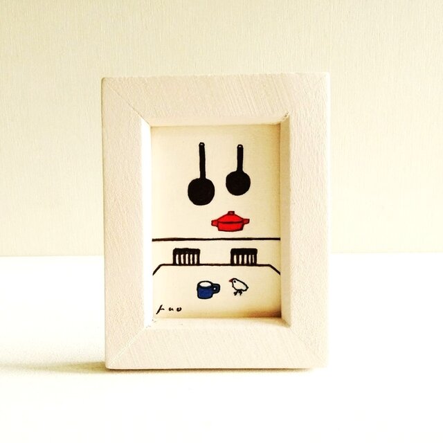 小さな絵｜原画「キッチンと文鳥」※木製ミニ額縁入り