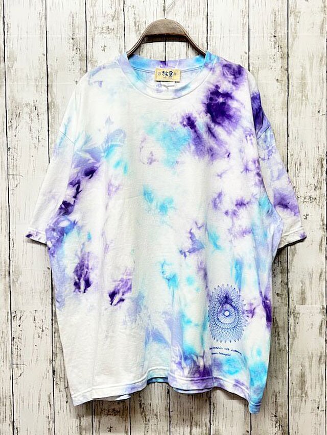 タイダイ染め　ビッグシルエット Tシャツ　XLサイズ　曼荼羅プリント　パープル×ブルー　ムラ染め　HD16-58