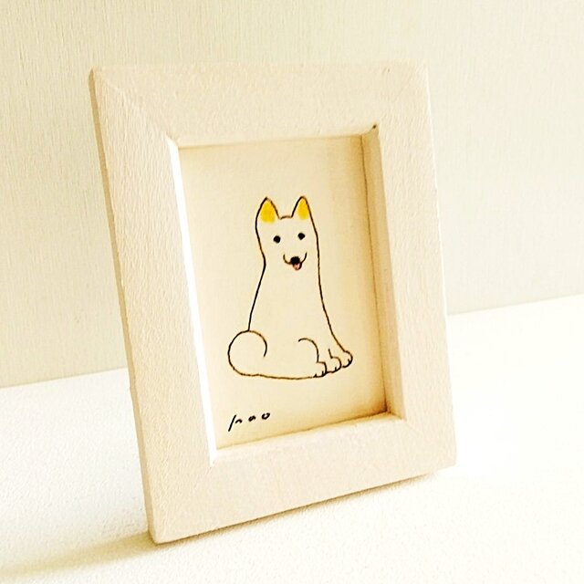 ミニ原画・イラスト】「笑う犬」 ※木製額縁入り 犬の絵・水彩・ペン画