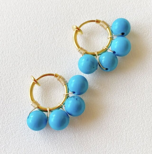 綺麗なブルーの大珠 ターコイズ フープ ゴールド イヤリング K18GP アレルギー対応