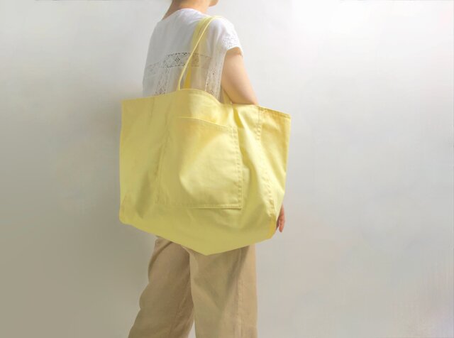 大きめサイズ☆ ダブルステッチ しかくポケット トートバッグ シトラス