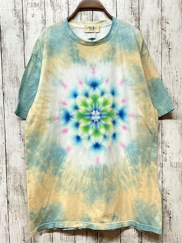 タイダイ染め Tシャツ　XLサイズ　曼荼羅　ベージュ×ブルー　Hippies Dye HD16-64
